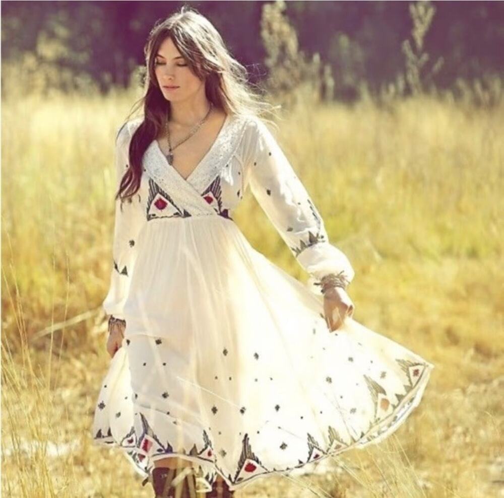 Free People New Romantics Splendor Embroidered Peasant Midi Dress Size M